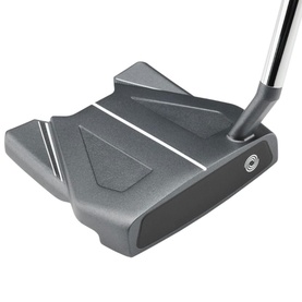 Dark grey mallet-style golf putter with square head, white alignment lines, silver hosel and steel shaft, shown from front angle
