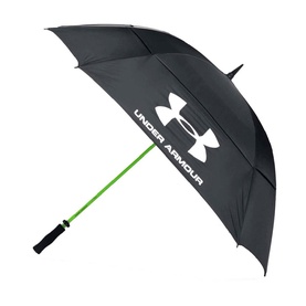 Under Armour golf umbrella in black with hi-vis green shaft, double canopy design, white logo branding, and black handle grip
