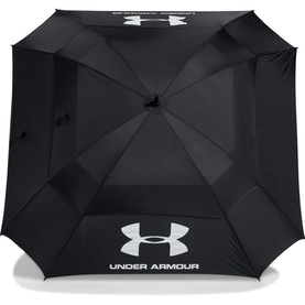 Under Armour golf umbrella in Black Hi Vis, double-canopy design with white logo, viewed from above showing full vented canopy structure.