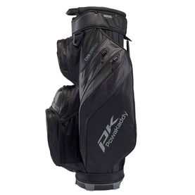 Powakaddy Cart Bag in Stealth Black with multiple pockets, rubberised base, and contrast grey branding detail.
