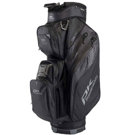 Powakaddy Cart Bag in Stealth Black with multiple zip pockets, structured base, and top divider organiser