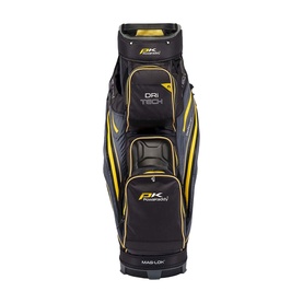Powakaddy Dri-Tech cart bag in black and yellow, with multiple front pockets and structured base.