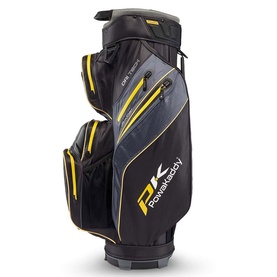 Powakaddy cart bag in black and yellow with multiple zip pockets, structured base, and padded top divider