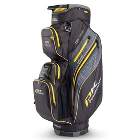 Powakaddy DRY TECH cart bag in black and yellow, featuring multiple pockets, structured base, and carry handle