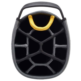 Powakaddy cart bag in black and yellow, top-down view showing divided club organiser section with yellow carry handle