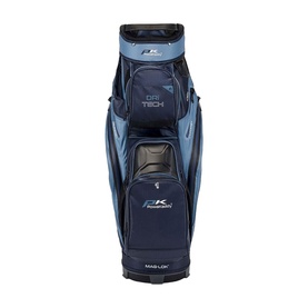 Powakaddy DR-Tech cart bag in navy blue with multiple zip pockets, structured body, and black base with MAG-LOK system