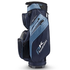 Powakaddy DLX-Tech cart bag in navy blue with pale blue panels, multiple zip pockets and branded logo detail.