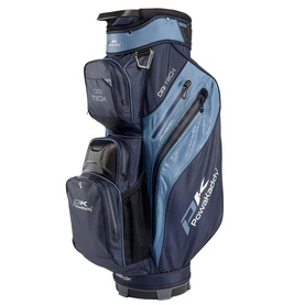 Powakaddy cart bag in navy blue, featuring multiple zip pockets, structured base, and silver-tone branding detail