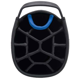 Powakaddy navy blue cart bag, top-down view showing 14-way divider system with blue carry handle