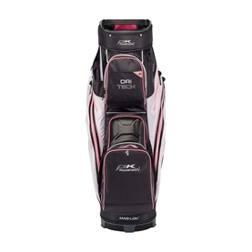 Powakaddy cart bag in black and pink with Dri-Tech branding, multiple front pockets and Mag-Lok base system