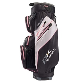 Powakaddy cart bag in black and pink with silver panel, multiple zip pockets and structured base