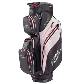 Powakaddy DB Tech cart bag in black and pink, with multiple zip pockets, silver panel detail, and structured base.