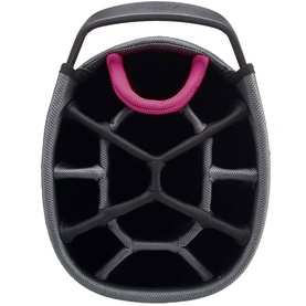 Powakaddy cart bag in black and pink, overhead view showing 14-way club divider top with structured compartments and carry handle