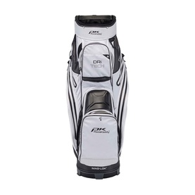 Powakaddy Dri-Tech cart bag in white and black, with multiple zip pockets, mag-lok base, and carry handle