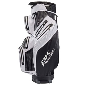 Powakaddy cart bag in white and black with multiple zip pockets, structured body, and carry handle
