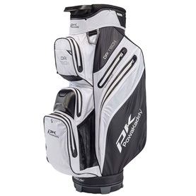 Powakaddy cart golf bag in white and black, featuring multiple zip pockets, club dividers, and carry handle.