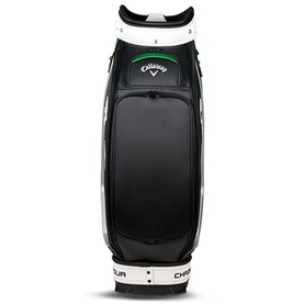 Callaway Tour golf cart bag in black and white with green accent stripe and large front pocket, front view