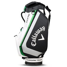 Callaway Chrome Tour cart bag in white, black and green with ribbed panel detailing and top handle