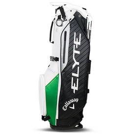 Callaway Elyte stand bag in Staff Colour, white, black and green with bold branding and integrated stand legs visible.