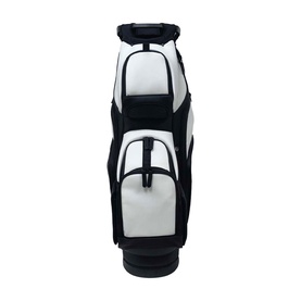 White and black golf cart bag with multiple pockets, black carry handles, and structured base, shown from front
