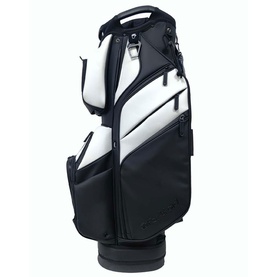 Black and white golf cart bag with multiple zip pockets, carrying handle, and structured base with club dividers visible at top.