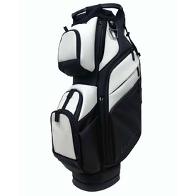 Black and white golf cart bag with multiple zippered pockets, top divider section, and carry handle