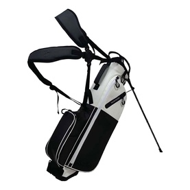 FastFold Elegance Stand Bag in white and black, with dual carry straps, kickstand legs deployed, and top club divider visible.