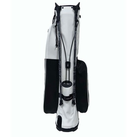 FastFold stand golf bag in white and black with dual carry straps, black hardware, and multiple zip pockets