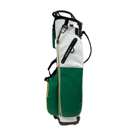FastFold stand golf bag in white and green with black carry straps, side pocket, and lightweight frame