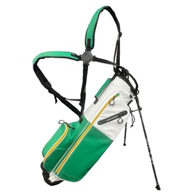 FastFold stand golf bag in white and green with yellow trim, dual carry straps, side pocket, and fold-out legs