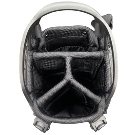 FastFold stand bag in white and green, top-down view showing divided club organiser insert with grey mesh lining