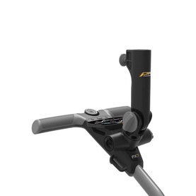 PowaKaddy gun-metal grey and gold adjustable umbrella holder bracket, close-up showing clamp mechanism and mounting arm