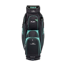 Powakaddy Flex golf cart bag in black and mint green with multiple front pockets and Mag-Lok base
