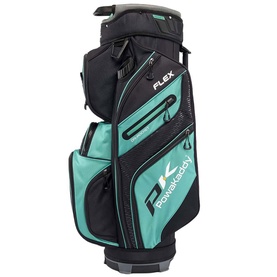 DK Powakaddy Flex golf cart bag in black and mint green with multiple pockets and top divider organiser