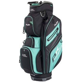 DNC Performance Flex golf cart bag in black and mint green with multiple zip pockets and club divider top