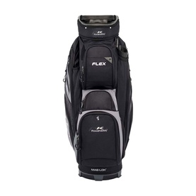 Powakaddy Flex cart bag in black and grey, front-facing view showing multiple zip pockets and Mag-Lok base