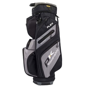 Powakaddy Flex cart bag in black and grey with multiple zip pockets, top divider, and yellow logo detail