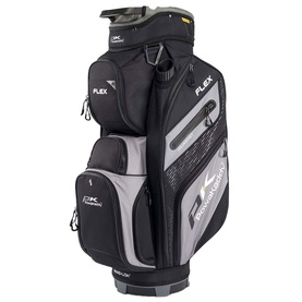 Powakaddy Flex cart bag in black and grey with multiple zip pockets, top divider system, and structured base
