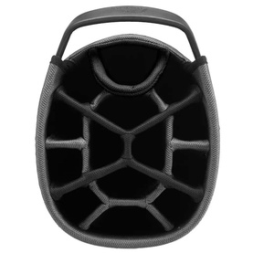 Powakaddy cart bag in black and grey, overhead view showing multi-divider club organisation and carry handle