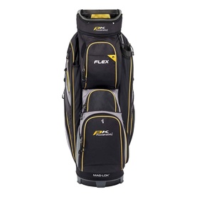 Powakaddy Flex Cart Bag in black and yellow with multiple zip pockets, Mag-Lok feature, and structured base