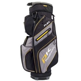 Powakaddy Flex Cart Bag in black and yellow, featuring multiple front pockets, branded logo, and structured base