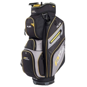 Powakaddy Flex Cart Bag in black and yellow, featuring multiple zipped pockets, branding detail, and structured base