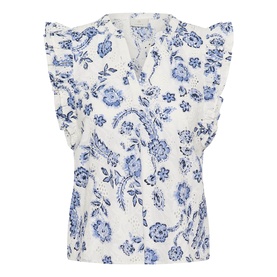 Kaffe top in Chalk Midnight Flower, white with blue floral print, ruffle sleeves and V-neckline with tie detail