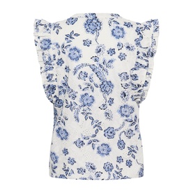 Kaffe top in Chalk Midnight Flower, white with blue floral print, ruffle cap sleeves, shown from the back