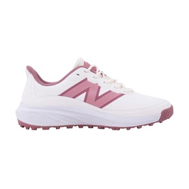 New Balance Golf women's golf shoe in sand, white leather upper with pink N logo, spikeless sole, lace-up fastening