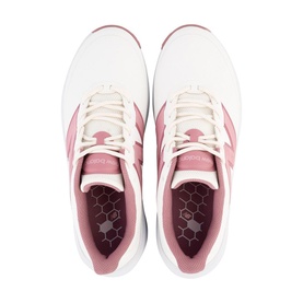 New Balance Golf women's golf shoes in sand, overhead view showing white and dusky pink upper with hexagonal-patterned insole