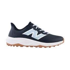 New Balance trainer in navy with pale blue N logo, white midsole, and gum rubber outsole, lace-up fastening