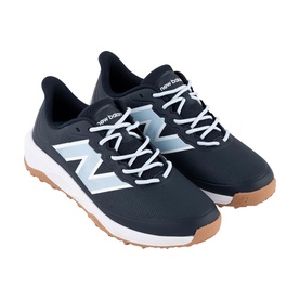 New Balance navy blue trainers with light blue N logo, white midsole, and gum rubber outsole, lace-up fastening