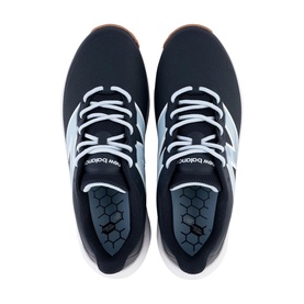 New Balance navy and light blue lace-up trainers, top-down view showing honeycomb insole detail and gum sole edge