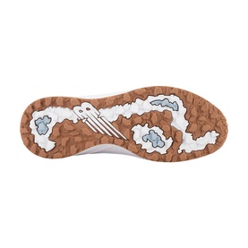Shoe outsole in white and tan with cloud and lightning bolt graphic detailing and textured rubber grip pattern.